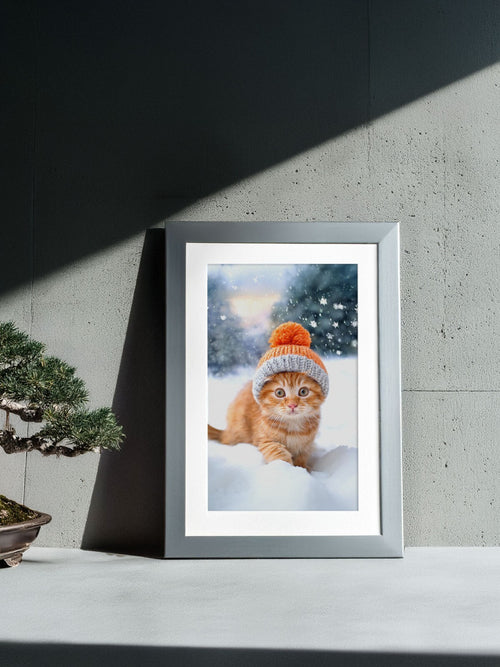 Digital AI Photo Cat in Knit Beanie Hat PC Mobile Wallpaper A4 Print